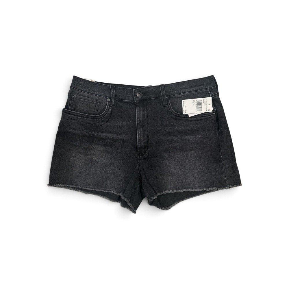 Black Denim High Rise Shorts Raw Hem Stretch Summer Size 32 Fits 35